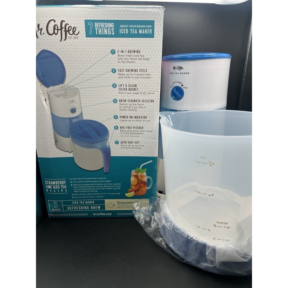 Mr Coffee TM70 Fresh Iced Tea Maker 3 Qt Blue And White NEW